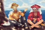  2boys aged_up black_hair blonde_hair blue_eyes brillantkaro cape closed_eyes clouds cloudy_sky crossed_legs crossover day full_body hat male_focus monkey_d._luffy multiple_boys naruto naruto_(series) one_eye_closed one_piece open_clothes open_mouth outdoors red_shirt sandals scar scar_on_cheek scar_on_chest scar_on_face shirt short_hair shorts signature sitting sky smile straw_hat teeth uzumaki_naruto whiskers white_cape 