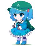  1girl bag blue_eyes blue_footwear blue_hair blue_shirt blue_skirt blunt_bangs boots chibi closed_mouth collared_shirt frills full_body gloves green_bag green_headwear grey_gloves hair_bobbles hair_ornament hands_up hat jewelry kawashiro_nitori key_necklace long_sleeves looking_to_the_side necklace pantyhose pocket puffy_long_sleeves puffy_sleeves purple_pantyhose rei_(tonbo0430) shadow shirt short_hair short_twintails sidelocks simple_background skirt skirt_set smile solo standing touhou twintails white_background 
