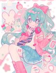  1girl 6w6112211 aqua_eyes aqua_nails blue_skirt blush bow cake cellphone cherry commentary flip_phone food fruit hachune_miku hair_bow hatsune_miku headphones headphones_around_neck high_ponytail highres ice_cream jacket long_hair necktie open_clothes open_jacket pastel_colors phone pink_bow pink_jacket pleated_skirt project_diva_(series) ribbon_girl_(module) sitting skirt solo striped_necktie sundae swiss_roll symbol-only_commentary vocaloid 