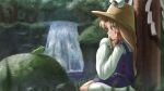  1girl blonde_hair blurry blush brown_headwear closed_mouth commentary_request day depth_of_field forest frog full_body grass grey_eyes hair_ribbon hat long_hair long_sleeves looking_at_animal luke_(kyeftss) medium_bangs moriya_suwako moss nature no_shoes outdoors parted_bangs purple_skirt purple_vest red_ribbon ribbon rock seiza shide shirt sitting skirt skirt_set smile socks solo touhou tree vest water waterfall white_shirt white_socks 