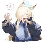  1girl absurdres animal_ear_fluff animal_ears blonde_hair blue_archive blue_eyes breasts eyelashes finger_in_another&#039;s_mouth hair_over_one_eye halo highres kanna_(blue_archive) large_breasts lechiennoir long_hair necktie police police_uniform policewoman sharp_teeth simple_background teeth uniform white_background 