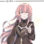  1girl arknights artist_name black_dress blush cleavage_cutout closed_eyes clothing_cutout dr.kim dress energy_wings halo happy lemuen_(arknights) long_hair official_alternate_costume pink_hair solo v wings 