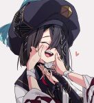  1girl anger_vein angry black_hair blush closed_eyes crossed_bangs fate/grand_order fate_(series) grey_background hair_between_eyes hair_over_one_eye happy hat heart highres long_sleeves mole mole_under_eye open_mouth own_hands_together simple_background squeezing_cheeks teeth tongue tongue_out upper_body upper_teeth_only waira xu_fu_(fate) yu_mei-ren_(fate) yu_mei-ren_(swimsuit_lancer)_(fate) 