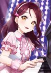  1girl absurdres birthday breasts commentary earrings hair_ornament hairband highres instrument jewelry kyaku_tatsu long_hair looking_at_viewer love_live! love_live!_sunshine!! omoi_yo_hitotsu_ni_nare piano redhead sakurauchi_riko scrunchie small_breasts smile solo upper_body wrist_scrunchie yellow_eyes 