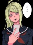  1girl ahoge akamatsu_kaede black_background black_sailor_collar black_serafuku black_shirt danganronpa_(series) danganronpa_v3:_killing_harmony hair_ornament hairclip hand_up holding holding_phone long_hair neckerchief official_alternate_costume open_mouth phone pink_eyes red_neckerchief sailor_collar sake_daikon school_uniform serafuku shirt simple_background solo speech_bubble teeth translation_request 