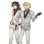  2boys 95_5hz black_gloves black_hair black_nails black_shirt blonde_hair candy collared_shirt food food_in_mouth gloves hand_in_pocket hand_on_own_hip highres lollipop long_hair long_sleeves looking_at_viewer luca_kaneshiro male_focus multicolored_hair multiple_boys neck_tattoo nijisanji nijisanji_en open_mouth pants red_shirt redhead shirt short_hair simple_background smile suit tattoo violet_eyes virtual_youtuber vox_akuma walking watch white_background yellow_eyes 
