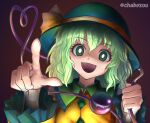  1girl chabezou closed_eyes dot_nose green_eyes green_hair hair_between_eyes hat heart highres komeiji_koishi looking_at_viewer medium_hair one-hour_drawing_challenge open_mouth pointing pointing_at_viewer purple_background simple_background smile solo touhou 