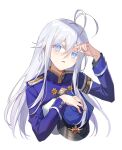  1girl 86_-eightysix- blue_jacket grey_eyes highres jacket long_hair looking_at_viewer shoulder_strap simple_background solo vladilena_millize white_background white_hair yunweishukuang 