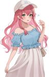  absurdres bag bare_shoulders baseball_cap green_eyes hanazawa_ma hat highres hololive long_hair looking_at_viewer nail_polish off_shoulder open_mouth pink_hair sakura_miko shirt shoulder_bag simple_background skirt smile solo virtual_youtuber white_background 