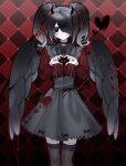  1girl alternate_costume ame-chan_(needy_girl_overdose) black_bow black_choker black_collar black_eyes black_hair black_horns black_nails black_thighhighs black_wings bow choker closed_mouth collar collared_shirt commentary cowboy_shot demon_horns english_commentary feathered_wings grey_skirt hair_bow hair_ornament hair_over_one_eye hairclip hands_up heart heart_hands highres horns long_hair long_sleeves looking_at_viewer mokiette nail_polish needy_girl_overdose red_background red_bow red_shirt shirt shirt_tucked_in skirt solo standing suspender_skirt suspenders thigh-highs twintails wings x_hair_ornament 