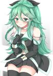  1girl black_gloves black_ribbon black_serafuku black_thighhighs braid breasts choker elbow_gloves gloves green_eyes green_hair green_neckerchief hair_between_eyes hair_flaps hair_ornament hair_ribbon hairclip highres kantai_collection long_hair neckerchief niwa_(niwa71065) ribbon school_uniform serafuku side_braids sitting skirt solo thigh-highs twin_braids yamakaze_(kancolle) yamakaze_kai_ni_(kancolle) 