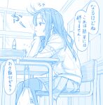  1girl alternate_costume asashio_(kancolle) bag blue_theme chair commentary_request desk gotou_hisashi hood hoodie kantai_collection long_hair long_sleeves pleated_skirt school_chair school_desk sidelocks sitting skirt solo speech_bubble thigh-highs thought_bubble translation_request 