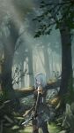  1girl a2_(nier:automata) absurdres armlet bare_shoulders black_dress black_gloves boots branch corset dappled_sunlight dress elbow_gloves forest gloves hair_over_one_eye highres holding holding_knife holding_weapon knife looking_at_viewer looking_back nature nier:automata nier_(series) rock ruins short_shorts shorts solo standing sunlight thigh-highs thigh_boots thighhighs_under_boots torn_clothes tree weapon white_hair yasu_(segawahiroyasu) 