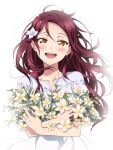  1girl absurdres birthday blush collarbone commentary dress flower hair_flower hair_ornament highres holding holding_flower kougi_hiroshi long_hair looking_at_viewer love_live! love_live!_sunshine!! redhead sakurauchi_riko smile solo upper_body white_background white_dress yellow_eyes 