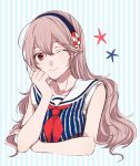  1girl ;) alternate_costume closed_mouth corrin_(female)_(fire_emblem) corrin_(fire_emblem) dress fire_emblem fire_emblem_fates hair_between_eyes hairband hand_on_own_face highres light_smile looking_at_viewer one_eye_closed pink_hair red_eyes roroichi simple_background smile striped striped_background striped_dress upper_body 