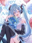  1girl balloon black_skirt black_sleeves black_thighhighs blue_eyes blue_flower blue_hair blue_necktie blue_rose blush boots bouquet collared_shirt commentary_request detached_sleeves flower hair_between_eyes happy_birthday haruta_333_x hatsune_miku headphones headset highres holding holding_bouquet long_hair looking_at_viewer milestone_celebration necktie one_eye_closed open_mouth pleated_skirt rose shirt sitting skirt sleeveless sleeveless_shirt smile solo tattoo thigh-highs thigh_boots twintails very_long_hair vocaloid 