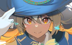  1girl ashinowoto blue_headwear brown_eyes brown_hair cavalier_hat close-up gloves hair_between_eyes highres horse_girl looking_at_viewer multicolored_hair musketeer official_alternate_costume satono_diamond_(chevalier_bleu)_(umamusume) satono_diamond_(umamusume) smile solo streaked_hair umamusume white_gloves white_hair 