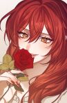  1girl :d commentary flower highres himeko_(honkai:_star_rail) holding holding_flower honkai:_star_rail honkai_(series) long_hair nail_polish omegiricecake open_mouth red_flower red_nails red_rose redhead rose smile solo symbol-only_commentary yellow_eyes 