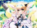  1girl animal_ears arknights bare_shoulders black_collar blonde_hair blue_hairband braid braided_hair_rings clothing_cutout clover collar colored_tips commentary dress earpiece four-leaf_clover fox_ears fox_girl fox_tail frilled_dress frilled_sleeves frills green_eyes hair_rings hairband highres infection_monitor_(arknights) kitsune kyuubi looking_at_viewer megashi_(anko_mugen) multicolored_hair multiple_tails oripathy_lesion_(arknights) outdoors parted_lips purple_dress short_hair short_sleeves shoulder_cutout solo suzuran_(arknights) tail twin_braids two-tone_hair upper_body white_hair 