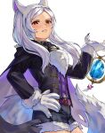  1girl abinosu0903 animal_costume animal_ears black_shorts fire_emblem fire_emblem_heroes grima_(fire_emblem) hand_on_own_hip highres looking_at_viewer robin_(female)_(fire_emblem) robin_(female)_(halloween)_(fire_emblem) robin_(fire_emblem) shorts tail twintails two-tone_cape white_hair wolf_costume wolf_ears wolf_paws wolf_tail 