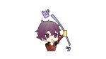  1boy black_jacket blue_lock card character_request chibi cropped_torso eyebrows_hidden_by_hair hair_between_eyes holding holding_card holding_whistle jacket layered_sleeves long_sleeves male_focus omuretsu open_clothes open_jacket purple_hair red_shirt shirt short_over_long_sleeves short_sleeves simple_background solo thick_eyebrows upper_body violet_eyes whistle whistle_around_neck white_background yellow_card 