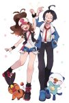  1boy 1girl ahoge baseball_cap black_hair black_pants brown_hair cheren_(pokemon) closed_eyes denim denim_shorts glasses hand_in_pocket hat high_ponytail highres hilda_(pokemon) jacket long_hair misha_(ohds101) open_mouth oshawott pants pokemon pokemon_(game) pokemon_bw ponytail shirt short_hair short_shorts shorts sidelocks smile tepig vest white_shirt wristband 