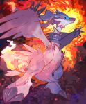  absurdres animal_focus blue_eyes claws closed_mouth dragon embers fire flame-tipped_tail highres looking_at_viewer narumi_hyou no_humans pokemon pokemon_(creature) reshiram signature solo 