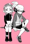  agent_3_(splatoon) agent_8_(splatoon) bad_id bad_twitter_id bike_shorts boots cape closed_eyes crop_top dede_(qwea_00000) greyscale_with_colored_background headphones highres inkling inkling_boy looking_at_viewer midriff octoling octoling_girl pink_background ponytail sitting smile splatoon_(series) splatoon_2 splatoon_2:_octo_expansion tentacle_hair zipper_pull_tab 
