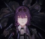  1girl black_jacket chest_harness collared_shirt eyewear_on_head gun handgun harness highres honkai:_star_rail honkai_(series) jacket john_wick kafka_(honkai:_star_rail) looking_at_viewer parted_lips pointing_gun purple-tinted_eyewear purple_hair round_eyewear shirt solo_focus sunglasses tinted_eyewear violet_eyes weapon zassyoku_dd 