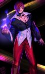  1boy choker fire hair_over_one_eye highres jacket looking_at_viewer male_focus oshirimarsh pants pectoral_cleavage pectorals purple_fire pyrokinesis red_eyes red_pants redhead short_hair simple_background snk solo the_king_of_fighters the_king_of_fighters_&#039;95 unbuttoned_sleeves yagami_iori 
