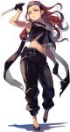  1girl absurdres dual_wielding gloves headband highres holding knife long_scarf looking_at_viewer midriff original rasetsu001 red_eyes redhead scarf solo tank_top toned tongue tongue_out white_background 