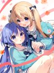  2girls :d :o blonde_hair blue_bow blue_eyes blue_hair blue_shirt blush bow commentary_request flower hair_between_eyes hair_bow holding_hands interlocked_fingers kurone_(suimya) long_hair long_sleeves looking_at_viewer low_twintails multiple_girls open_mouth original pleated_skirt sailor_collar school_uniform serafuku shirahana_(suimya) shirt skirt smile socks suimya twintails very_long_hair violet_eyes white_bow white_sailor_collar white_skirt 