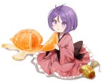  1girl :t closed_mouth commentary_request eating food fruit holding holding_food holding_fruit japanese_clothes kimono long_sleeves looking_at_viewer mandarin_orange mini_person miracle_mallet no_headwear pink_kimono purple_hair sarukana seiza short_hair simple_background sitting solo sukuna_shinmyoumaru touhou violet_eyes white_background wide_sleeves 