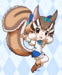  1girl animal_ears blue_background boots brown_eyes brown_hair chipmunk_ears chipmunk_girl chipmunk_tail extra_ears gloves highres kemono_friends kemono_friends_v_project kneehighs looking_at_viewer microphone mugise_hitsuji ribbon shirt short_hair shorts siberian_chipmunk_(kemono_friends) simple_background socks solo tail vest virtual_youtuber 