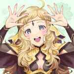  1girl ahoge arms_up blonde_hair circlet facing_viewer fire_emblem fire_emblem_fates grey_eyes looking_at_viewer mojakkoro open_mouth ophelia_(fire_emblem) smile solo swept_bangs teeth turtleneck upper_body upper_teeth_only 