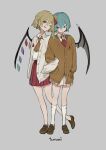  2girls alternate_costume ascot bat_wings black_wings blonde_hair blue_hair brown_ascot brown_cardigan brown_footwear cardigan closed_mouth crystal dee_(tannsumi) flandre_scarlet full_body grey_background highres long_hair long_sleeves multiple_girls one_eye_closed one_side_up pleated_skirt red_ascot red_eyes red_skirt remilia_scarlet shoes short_hair siblings simple_background sisters skirt socks tongue tongue_out touhou white_cardigan white_skirt white_socks wings 