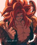  1boy absurdres artist_name beckoning black_nails black_vest black_wristband blue_eyes blue_sash body_fur brown_fur come_at_me_bro dragon_ball dragon_ball_gt fangs fingernails gogeta grin hand_on_own_hip highres long_hair looking_at_viewer male_focus metamoran_vest monkey_tail open_clothes open_vest pectorals pink_background redhead relio_db318 sash simple_background smile solo spiky_hair super_saiyan super_saiyan_4 tail teeth twitter_username upper_body v-shaped_eyebrows vest wristband 