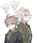  2boys aemono_(lemolemo_lmn) brown_hair brown_jacket closed_mouth danganronpa:_trigger_happy_havoc danganronpa_(series) danganronpa_2:_goodbye_despair green_eyes green_hoodie green_jacket grey_hair grey_shirt hood hood_down hoodie jacket komaeda_nagito looking_at_viewer messy_hair multiple_boys multiple_views naegi_makoto open_clothes open_jacket profile shirt short_hair sideways_glance simple_background white_background 