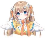  1girl :o blonde_hair blue_eyes blush cleavage_cutout clothing_cutout duck_hair_ornament flower hair_flower hair_ornament hair_ribbon highres long_hair looking_at_viewer ribbon senagawa_roro simple_background solo twintails upper_body varium virtual_youtuber watamiya_ahiru white_background white_flower wing_hair_ornament wings 