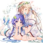  2girls ^_^ bare_shoulders blue_flower blue_footwear blush bow closed_eyes closed_mouth commentary_request dress flower flower_over_mouth frills hair_between_eyes hair_ornament head_rest head_wreath high_heels kurone_(suimya) long_hair low_twintails lying multiple_girls off_shoulder on_stomach original puffy_short_sleeves puffy_sleeves purple_hair shirahana_(suimya) shirt shoe_soles shoes short_shorts short_sleeves shorts sitting sleeveless smile suimya thigh-highs twintails very_long_hair violet_eyes wariza white_dress white_flower white_shirt white_thighhighs 