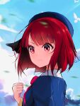  1girl absurdres arima_kana blue_headwear blue_sky blue_vest bob_cut closed_mouth clouds cloudy_sky collar hat hat_ribbon highres inverted_bob looking_to_the_side oshi_no_ko red_eyes redhead ribbon school_uniform short_hair sky solo user_faxh7587 vest white_collar youtou_high_school_uniform 