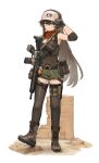  ammunition_pouch armpits assault_rifle black_thighhighs blue_eyes blush breasts brown_footwear brown_hair cm901 cm901_(girls&#039;_frontline) covered_navel ear_protection elbow_sleeve girls_frontline gloves green_shorts gun gun_sling hair_between_eyes hand_on_headwear hand_on_weapon hand_up hat highres long_hair looking_at_viewer magazine_(weapon) microphone neck_warmer optical_sight pouch rifle shorts small_breasts thigh-highs weapon xerbatt 