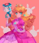  1girl blonde_hair blue_eyes crown dress food fruit gun highres holding holding_gun holding_weapon mario_+_rabbids_kingdom_battle peach pink_dress princess_peach ruuuranran solo super_mario_bros. upper_body weapon 