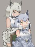  2girls :3 animal_print bare_shoulders blonde_hair blush bow bowtie canadian_lynx_(kemono_friends) cat_print center_frills chair collared_shirt elbow_gloves eurasian_lynx_(kemono_friends) extra_ears frills fur_collar gloves green_eyes grey_hair hair_between_eyes hand_on_another&#039;s_face high-waist_skirt highres kemono_friends lynx_ears lynx_girl lynx_tail multicolored_hair multiple_girls necktie one_eye_closed open_mouth print_bow print_bowtie print_gloves print_necktie print_skirt print_thighhighs shirt short_hair sidelocks sitting skirt smile thigh-highs uf34a white_fur white_shirt yellow_eyes zettai_ryouiki 