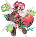 ! 1girl black-framed_eyewear closed_mouth commentary full_body h_akka highres holding holding_weapon long_sleeves octoling octoling_girl ok_sign pink_eyes pink_hair simple_background smile solo splatoon_(series) spoken_exclamation_mark symbol-only_commentary tentacle_hair weapon weapon_request