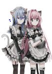  2girls :o alternate_costume animal_ear_fluff animal_ears apron black_bow black_dress black_gloves black_necktie black_thighhighs blue_eyes blue_hair bow braid cat_ears cat_girl cat_tail chihuri closed_mouth dress ende_(chihuri) enmaided frilled_apron frilled_thighhighs frills garter_straps gloves hair_bow highres holding holding_tray juliet_sleeves kemonomimi_mode long_hair long_sleeves maid maid_headdress multiple_girls nea_(chihuri) necktie original parted_lips pink_hair puffy_short_sleeves puffy_sleeves short_sleeves simple_background smile tail thigh-highs tray very_long_hair violet_eyes white_apron white_background wrist_cuffs 