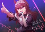  1girl animal_ears beanie black_jacket blurry bokeh botantouki brown_hair collared_jacket concert depth_of_field diffraction_spikes ears_through_headwear feather_boa gloves grey_headwear hat highres holding holding_microphone horse_ears jacket long_hair microphone nakayama_festa_(umamusume) open_mouth outstretched_arm pointing smile solo splendor_of_onyx_(umamusume) sweat translation_request umamusume upper_body violet_eyes white_gloves 