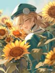  1boy :d ^_^ akademiya_uniform ari_(bleum) artist_name badge blonde_hair blue_sky blurry blurry_background blurry_foreground blush braid closed_eyes commentary_request day depth_of_field earrings eyelashes flower genshin_impact green_headwear green_robe hair_between_eyes hair_ornament hairclip hat highres jewelry kaveh_(genshin_impact) leaf long_hair looking_back male_focus open_mouth outdoors parted_bangs plant robe sidelocks single_braid sky smile solo stud_earrings sunflower swept_bangs twitter_username upper_body yellow_flower 