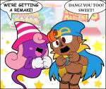  1boy 1girl absurdres blue_cape blush_stickers brown_eyes cape colored_skin covered_eyes crossover curly_hair doll_joints excited geno_(mario) ghost ghost_tail gloves hair_over_eyes happy hat highres joints long_hair miss_d open_mouth orange_hair paper_mario paper_mario:_the_thousand_year_door pink_hair pink_headwear pointy_hat puppet purple_skin series_connection smile starry_background striped striped_headwear super_mario_bros. super_mario_rpg vivian_(paper_mario) white_gloves witch_hat year_connection yellow_lips 