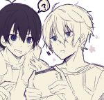  2boys ? antenna_hair blue_eyes blue_lock cellphone hair_between_eyes hands_up highres holding holding_phone isagi_yoichi male_focus multiple_boys nagi_seishirou omuretsu parted_lips phone shirt signature simple_background sketch spoken_question_mark spot_color sweat towel towel_around_neck upper_body v-shaped_eyebrows white_background 